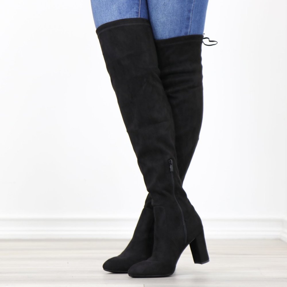 Pointy Toe Black Faux Suede Thigh High Over The Knee Block High Heel Boots - Picture 10 of 15